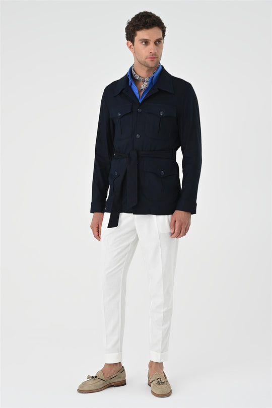 Men's Dark Navy Blue Waist Belted  Seasonal Linen Coat - Wessi
