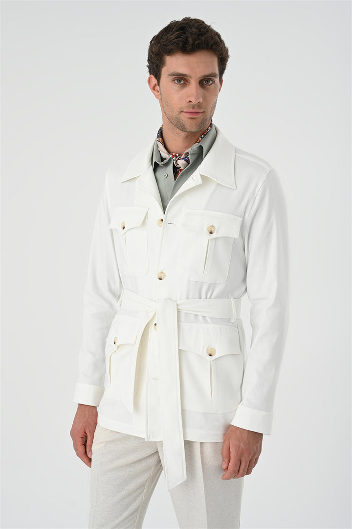 Men's Ecru Waist Belted  Seasonal Linen Coat - Wessi