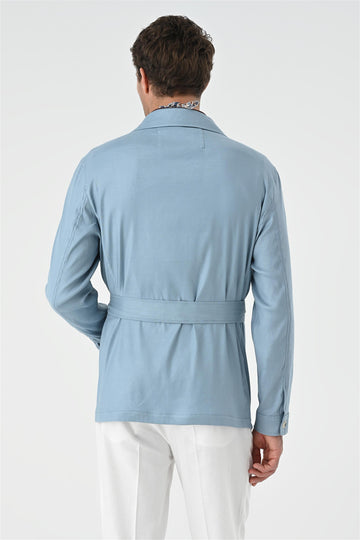 Men's Blue Waist Belted  Seasonal Linen Coat - Wessi