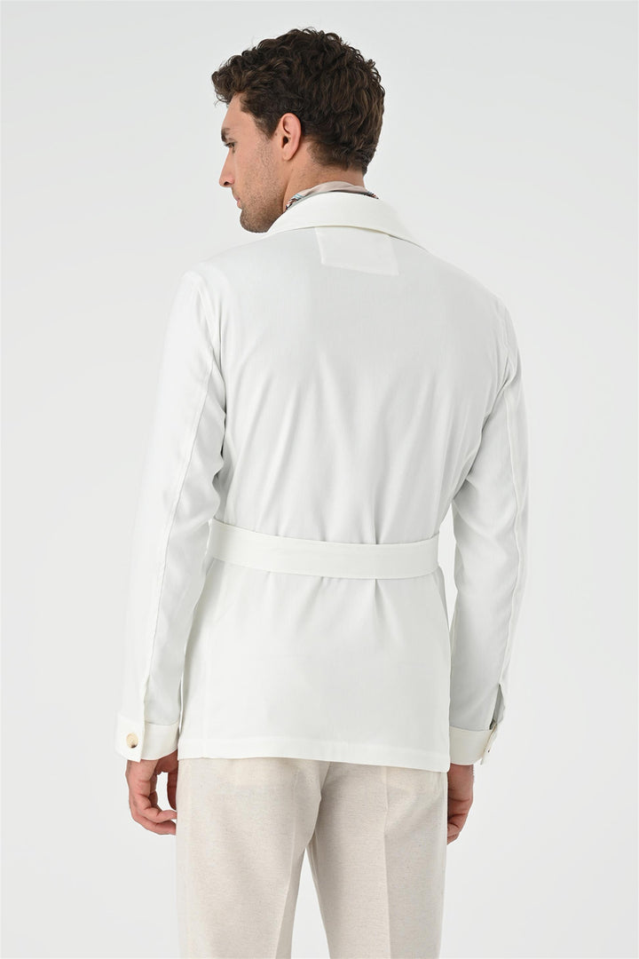 Men's Ecru Waist Belted  Seasonal Linen Coat - Wessi
