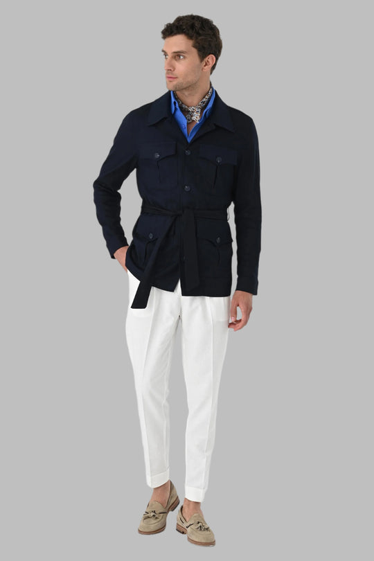 Men's Dark Navy Blue Waist Belted  Seasonal Linen Coat - Wessi