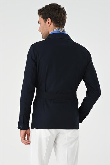 Men's Dark Navy Blue Waist Belted  Seasonal Linen Coat - Wessi