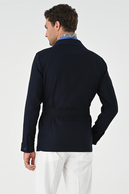 Men's Dark Navy Blue Waist Belted  Seasonal Linen Coat - Wessi