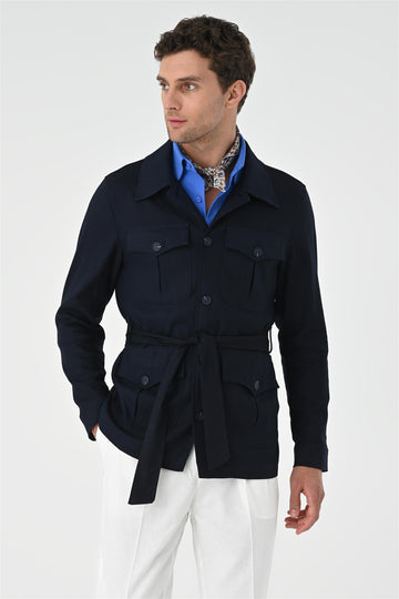 Men's Dark Navy Blue Waist Belted  Seasonal Linen Coat - Wessi