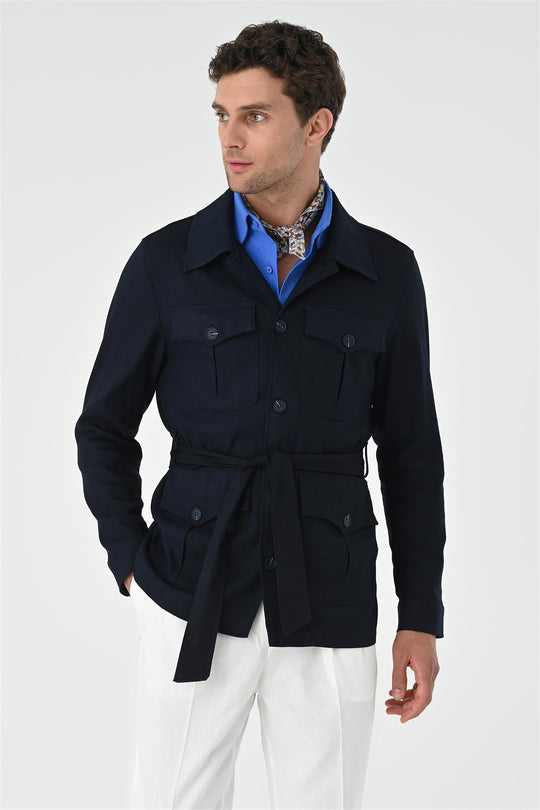 Men's Dark Navy Blue Waist Belted  Seasonal Linen Coat - Wessi