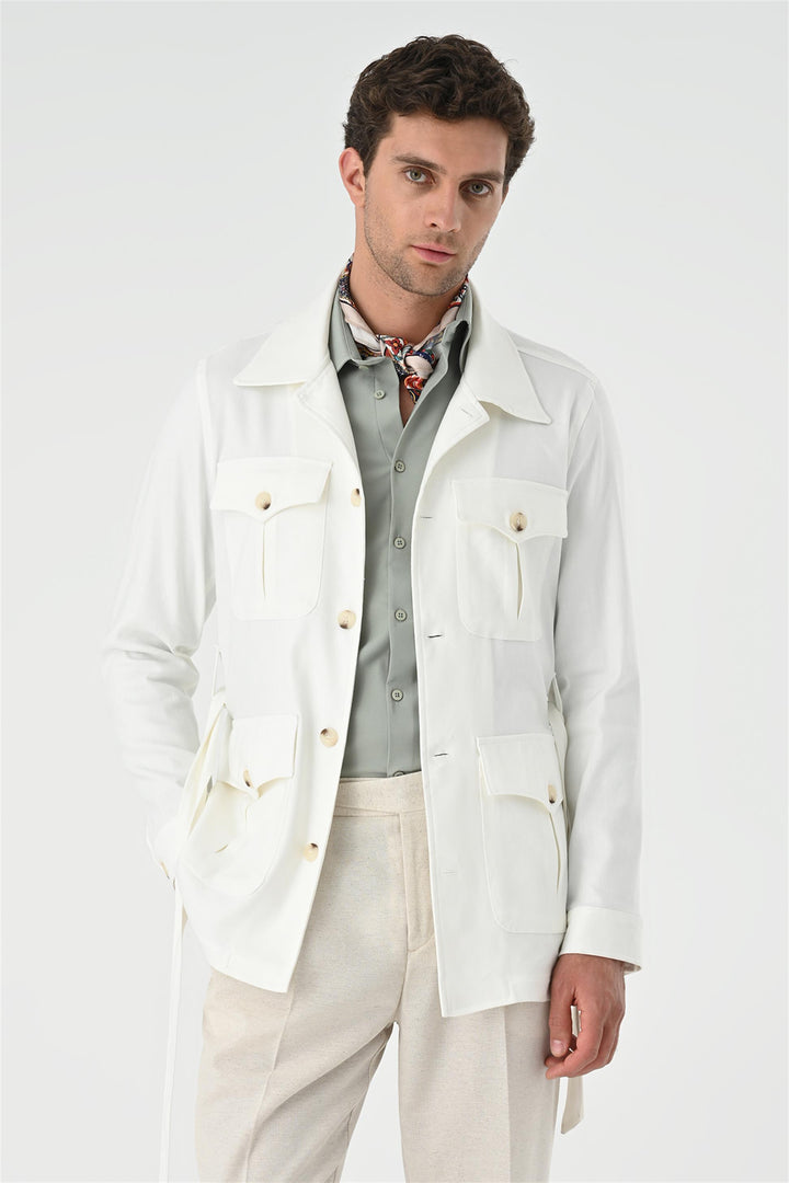 Men's Ecru Waist Belted  Seasonal Linen Coat - Wessi