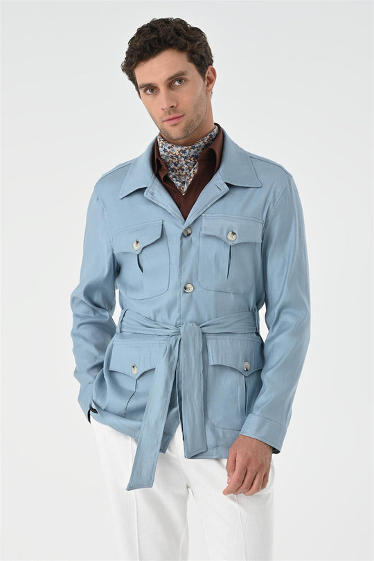 Men's Blue Waist Belted  Seasonal Linen Coat - Wessi