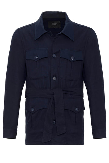 Men's Dark Navy Blue Waist Belted  Seasonal Linen Coat - Wessi