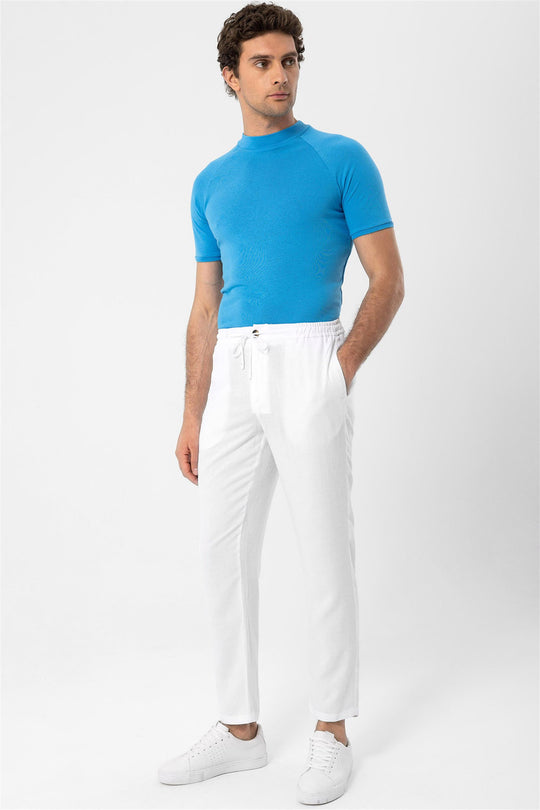 Men's White Elastic Waist  Trousers - Wessi