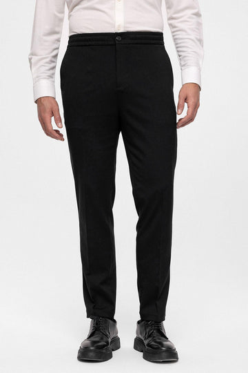 Men's Black Regular Fit  Trousers with Elastic Waist - Wessi