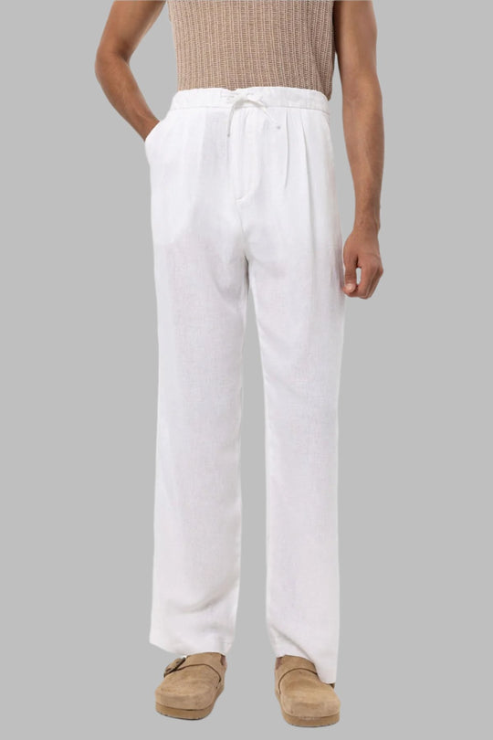 Men's White Belted Linen Blend Pants - Wessi
