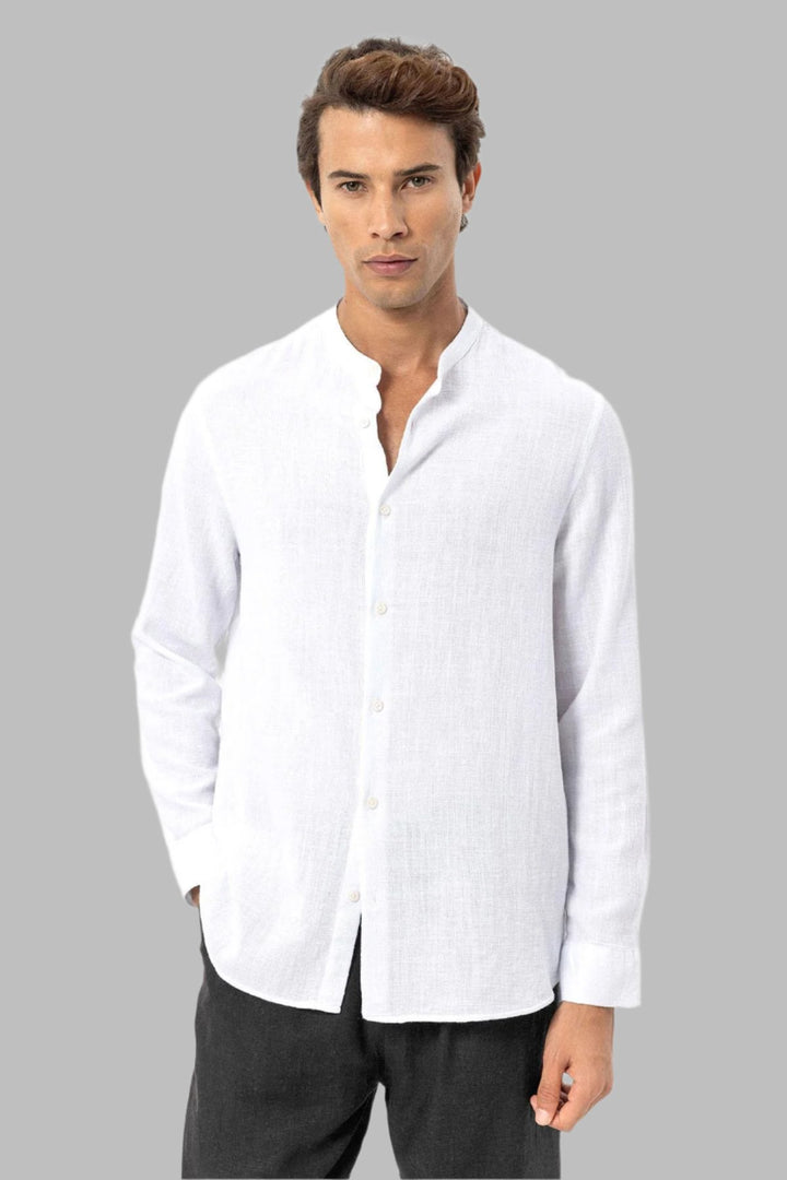 Men's White Mandarin Collar Woven Shirt - Wessi
