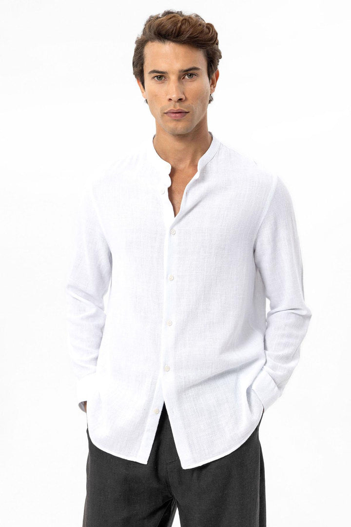 Men's White Mandarin Collar Woven Shirt - Wessi
