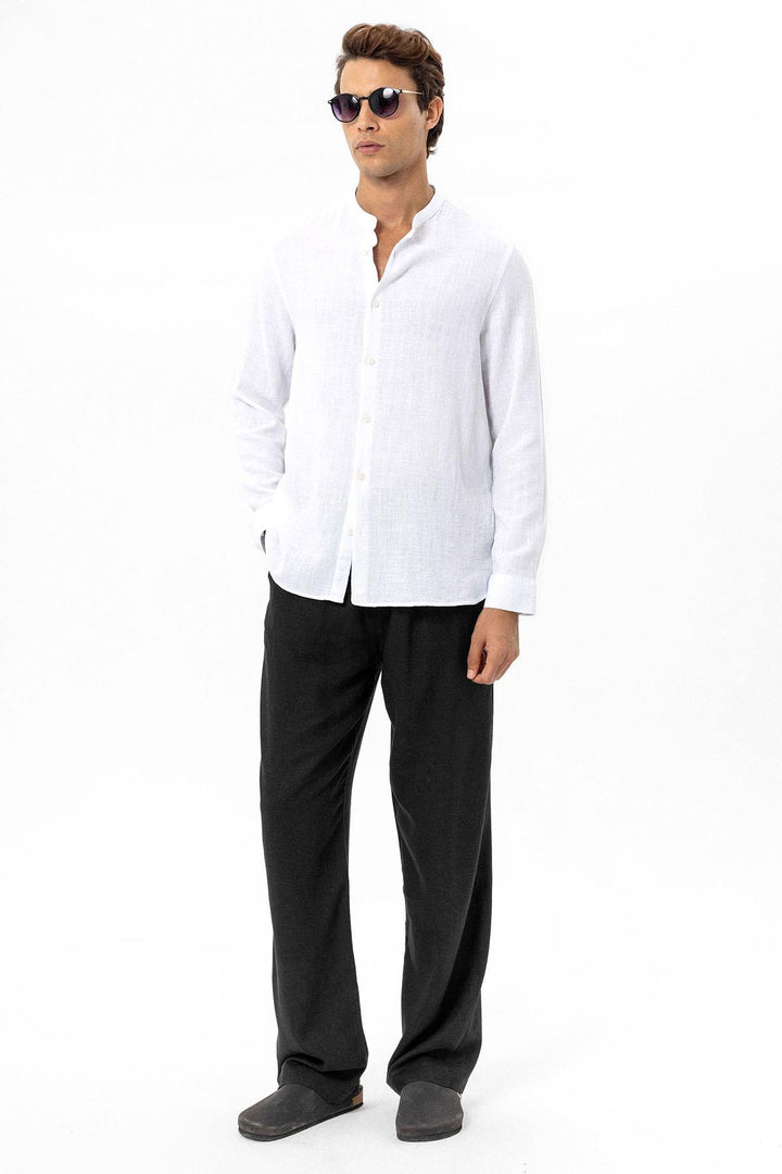 Men's White Mandarin Collar Woven Shirt - Wessi