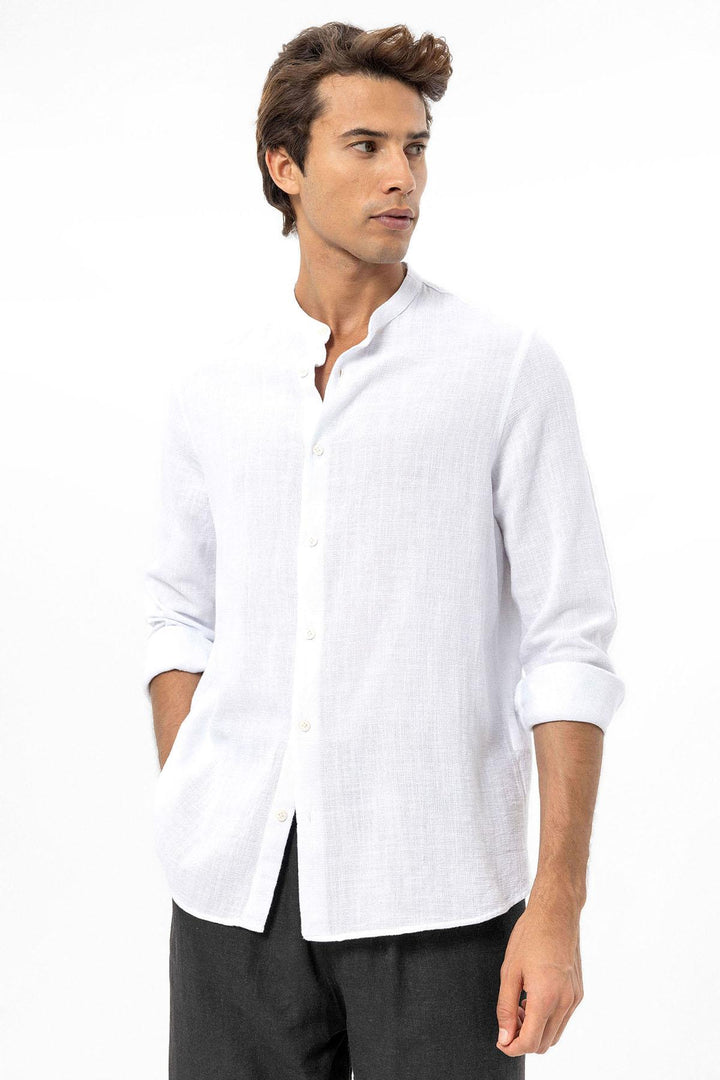 Men's White Mandarin Collar Woven Shirt - Wessi