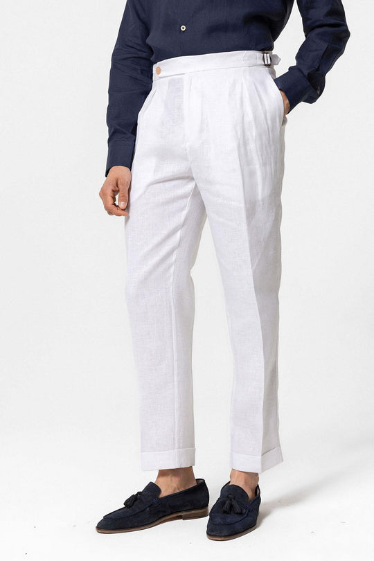 Men's White High-Waist 100% Linen Pleated Pants - Wessi Wessi - Discover Diversity Men's White High-Waist 100% Linen Pleated Pants - Wessi Wessi - Discover Diversity