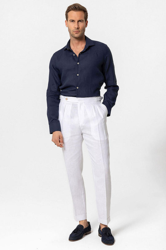 Men's White High-Waist 100% Linen Pleated Pants - Wessi Wessi - Discover Diversity Men's White High-Waist 100% Linen Pleated Pants - Wessi Wessi - Discover Diversity