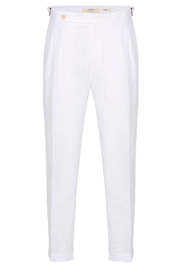 Men's White High-Waist 100% Linen Pleated Pants - Wessi