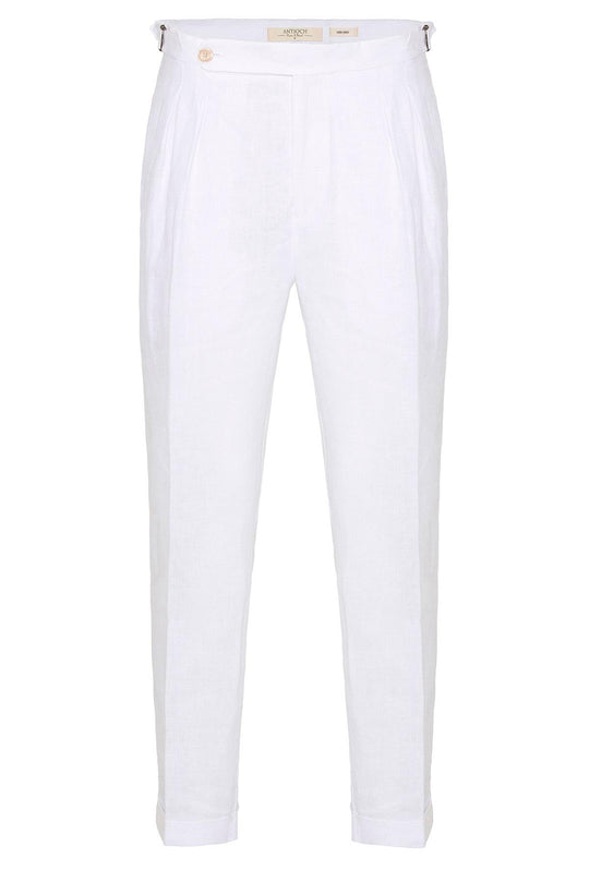 Men's White High-Waist 100% Linen Pleated Pants - Wessi