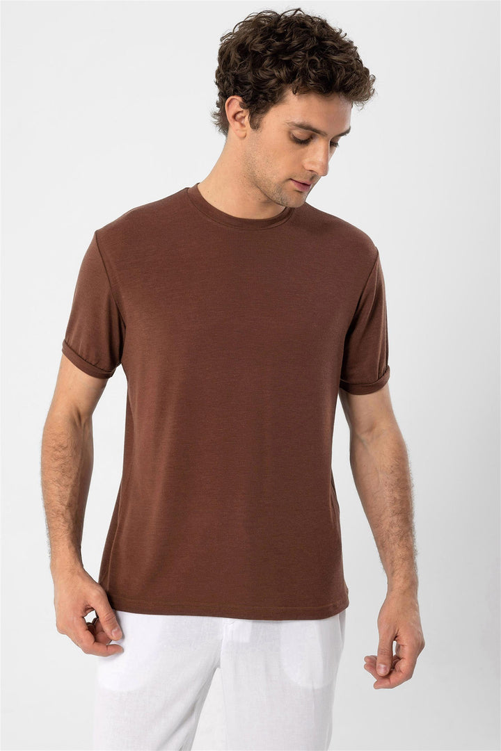Men's Brown Crew Neck  T-Shirt - Wessi