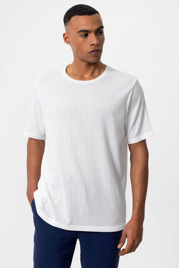 T-Shirt Côtelé Col Rond Blanc Homme - Wessi