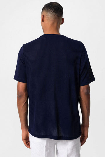 T-Shirt Côtelé Col Rond Homme Bleu Marine - Wessi