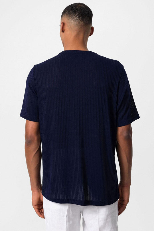 T-Shirt Côtelé Col Rond Homme Bleu Marine - Wessi