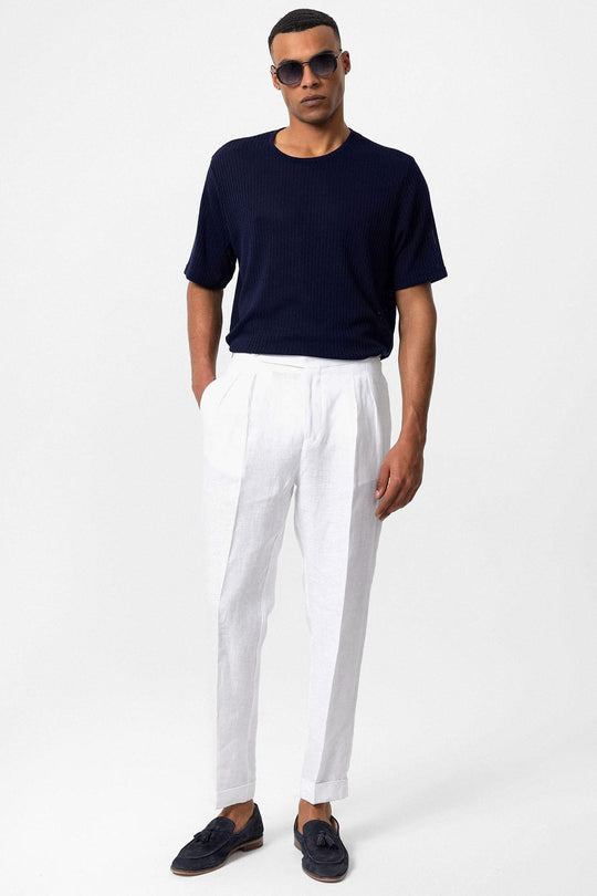 T-Shirt Côtelé Col Rond Homme Bleu Marine - Wessi