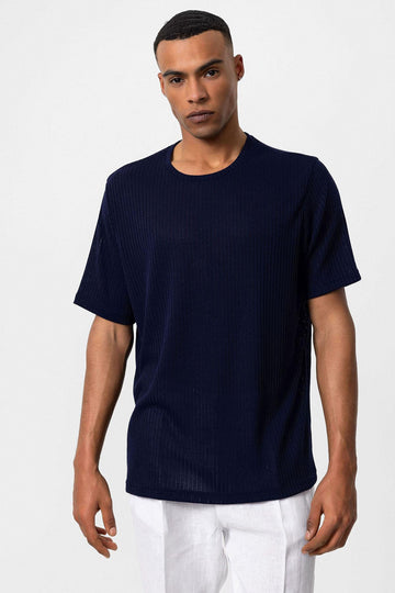 T-Shirt Côtelé Col Rond Homme Bleu Marine - Wessi