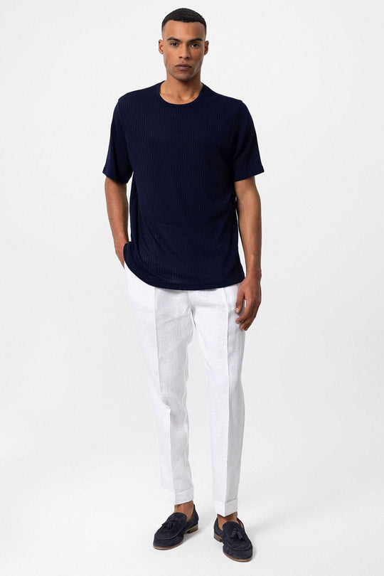 T-Shirt Côtelé Col Rond Homme Bleu Marine - Wessi