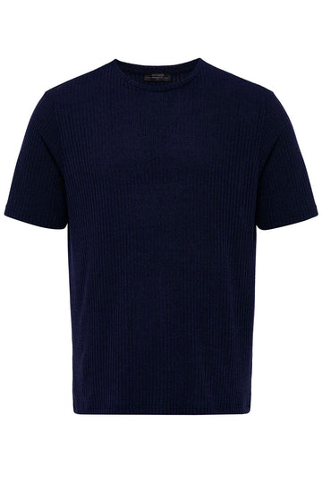 T-Shirt Côtelé Col Rond Homme Bleu Marine - Wessi