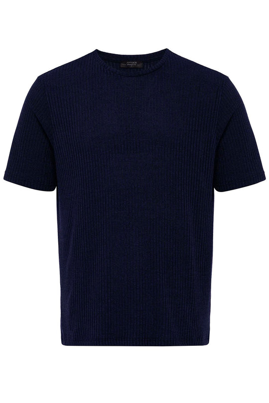 T-Shirt Côtelé Col Rond Homme Bleu Marine - Wessi