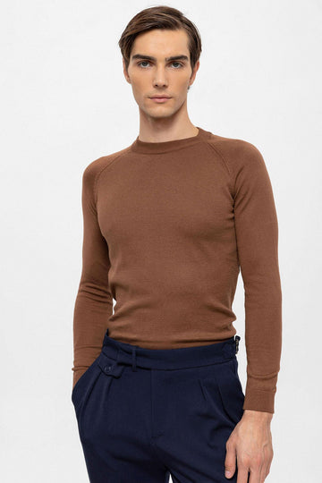 Maglione in maglia slim fit girocollo marrone da uomo - Wessi