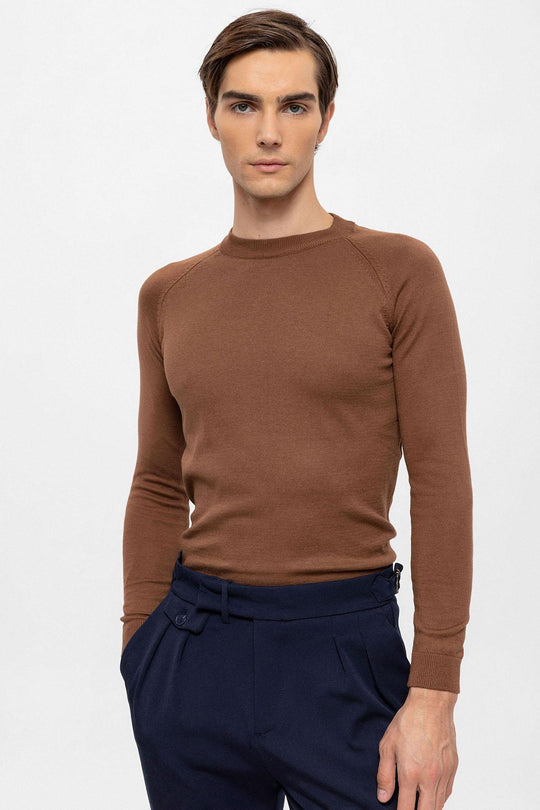 Maglione in maglia slim fit girocollo marrone da uomo - Wessi