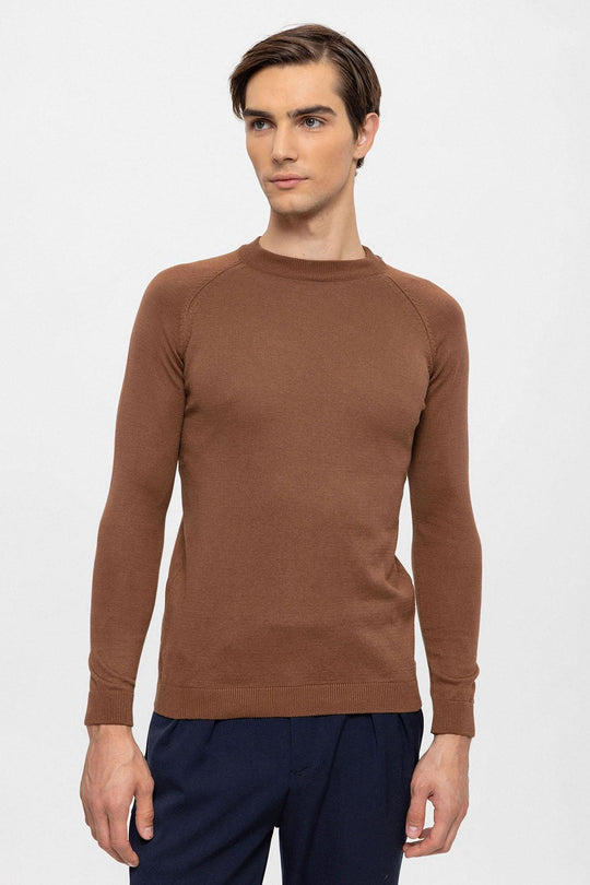 Maglione in maglia slim fit girocollo marrone da uomo - Wessi