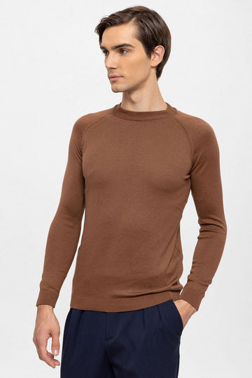 Maglione in maglia slim fit girocollo marrone da uomo - Wessi