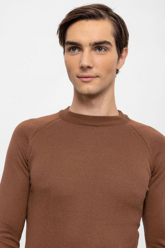 Maglione in maglia slim fit girocollo marrone da uomo - Wessi