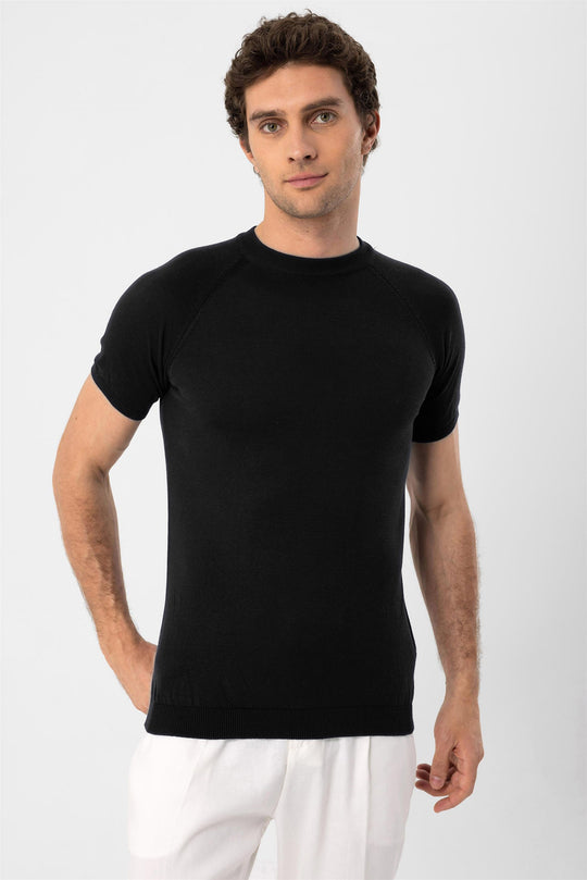Men's Black Crew Neck Knitwear T-Shirt - Wessi
