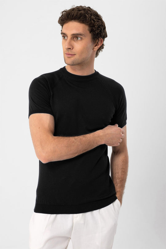 Men's Black Crew Neck Knitwear T-Shirt - Wessi
