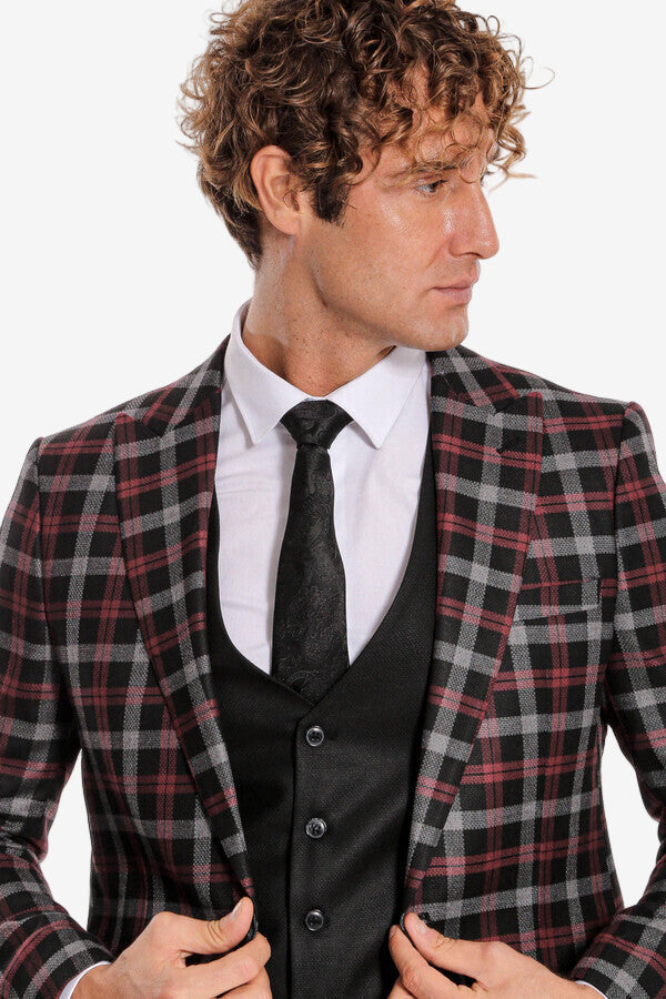 Costume Homme Noir Coupe Slim Blazer à Carreaux Bordeaux - Wessi