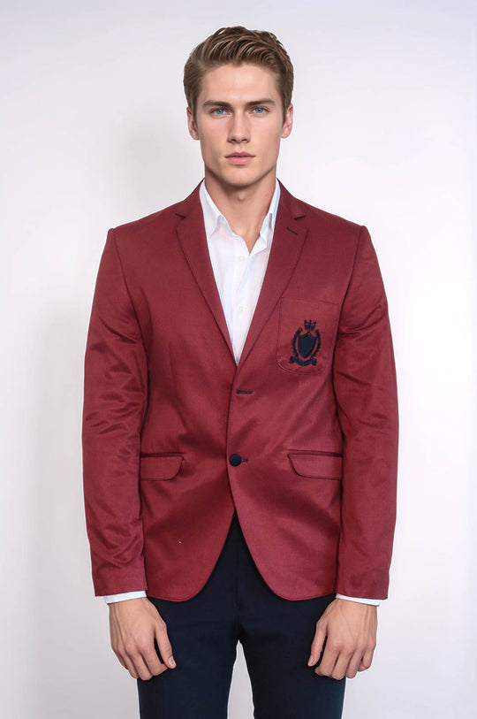 2 Buttons 3 Pockets Crested Cotton Burgundy Jacket