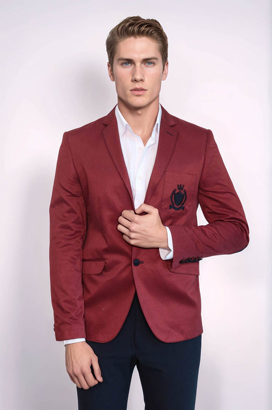 2 Buttons 3 Pockets Crested Cotton Burgundy Jacket