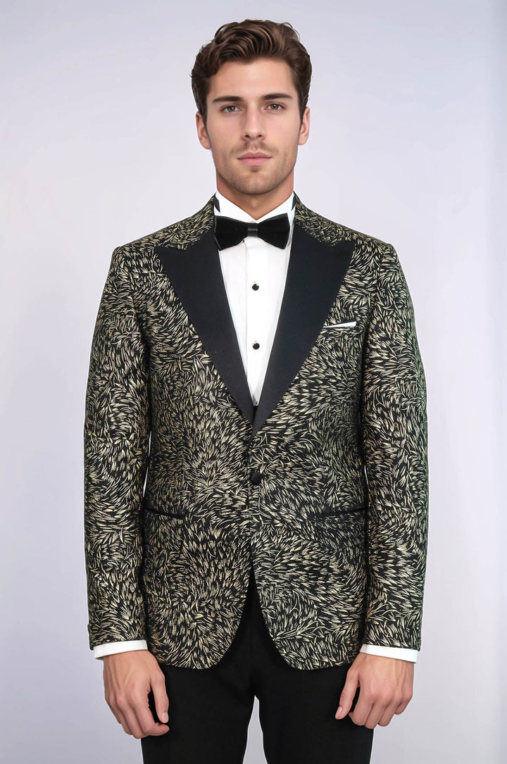Feather Patterned Slim Fit Black Men Party Blazer - Wessi