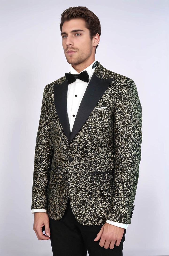 Feather Patterned Slim Fit Black Men Party Blazer - Wessi