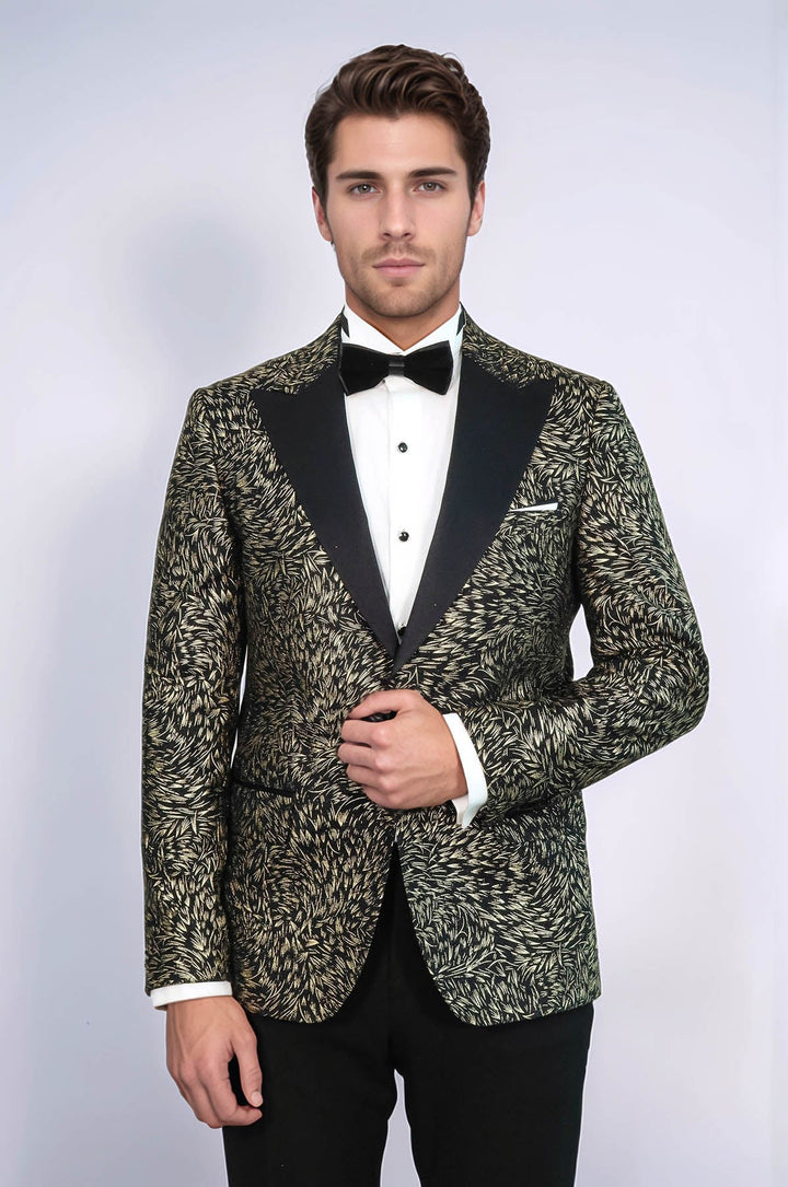 Feather Patterned Slim Fit Black Men Party Blazer - Wessi
