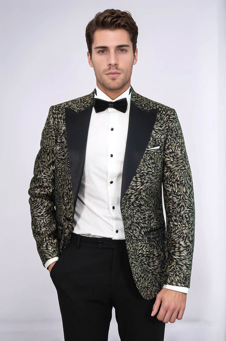 Feather Patterned Slim Fit Black Men Party Blazer - Wessi