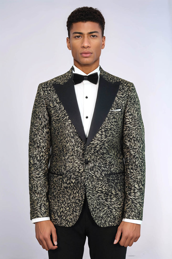 Feather Patterned Slim Fit Black Men Party Blazer - Wessi