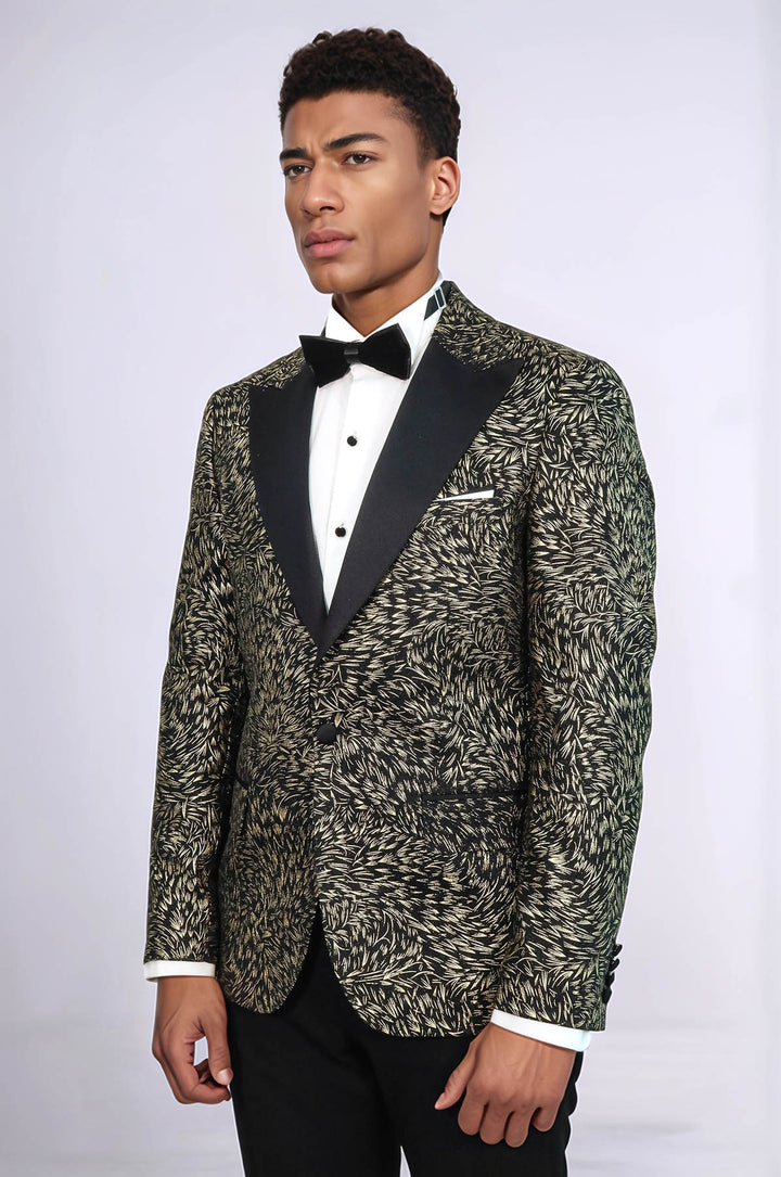 Feather Patterned Slim Fit Black Men Party Blazer - Wessi