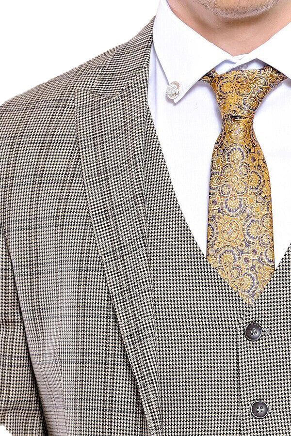 Checked Brown Vested Men's Suit | Wessi