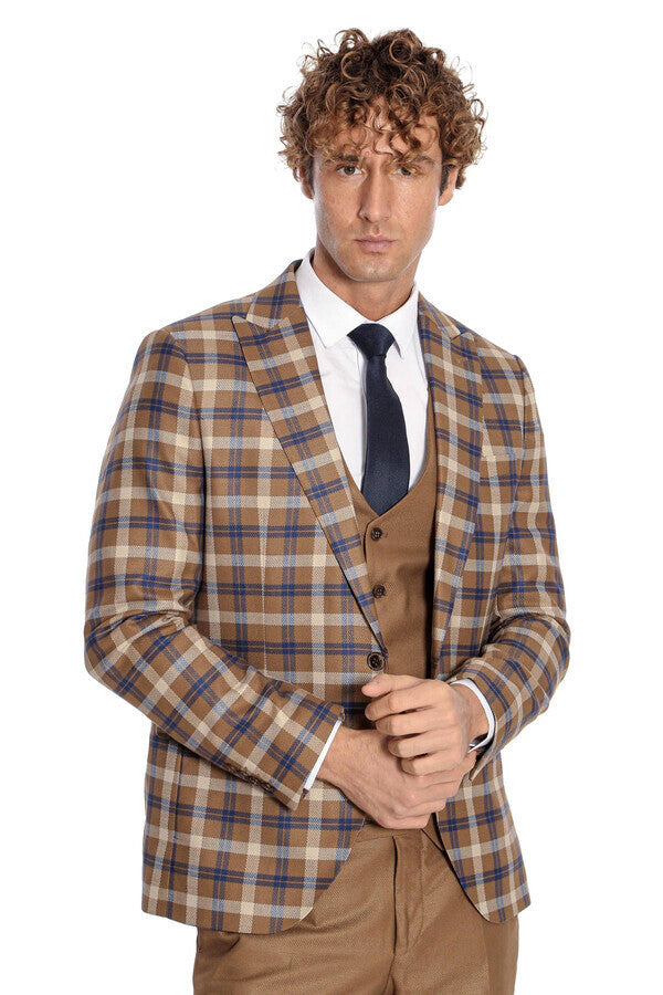 Costume Homme Marron Coupe Slim à Carreaux - Wessi